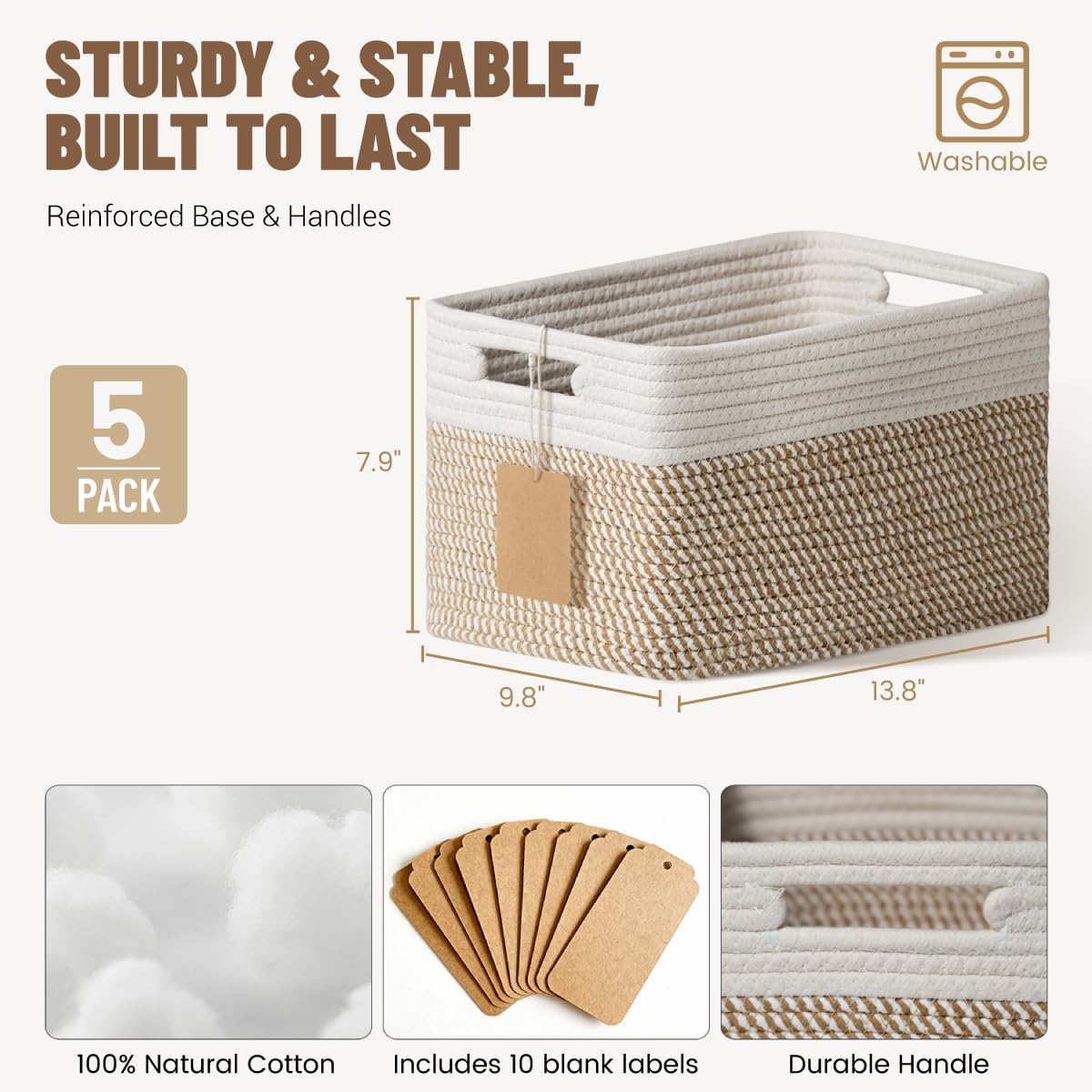 5 Pack Woven Storage Baskets for Shelves, Decorative Basket Organizer Storage Bins for Toys, Books, Clothes, Closet, Nursery, Bathroom – Cotton Rope Shelf Baskets for Organizing, Khaki & White