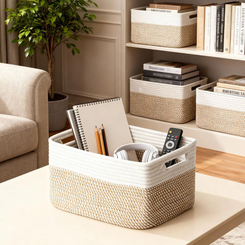 5 Pack Woven Storage Baskets for Shelves, Decorative Basket Organizer Storage Bins for Toys, Books, Clothes, Closet, Nursery, Bathroom – Cotton Rope Shelf Baskets for Organizing, Khaki & White