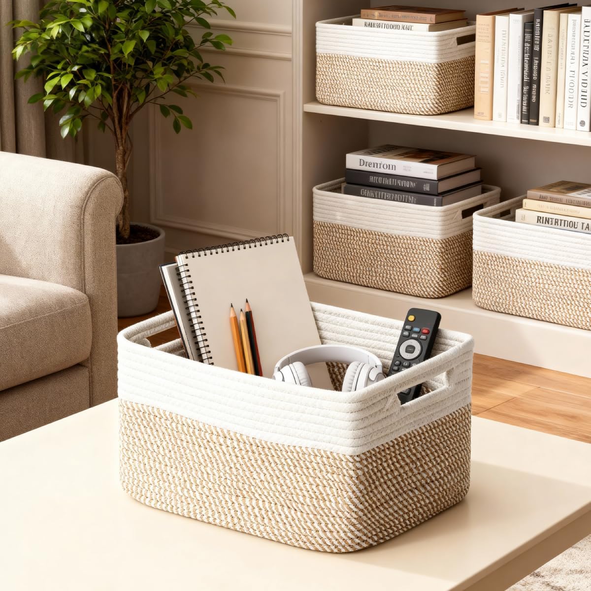 5 Pack Woven Storage Baskets for Shelves, Decorative Basket Organizer Storage Bins for Toys, Books, Clothes, Closet, Nursery, Bathroom – Cotton Rope Shelf Baskets for Organizing, Khaki & White