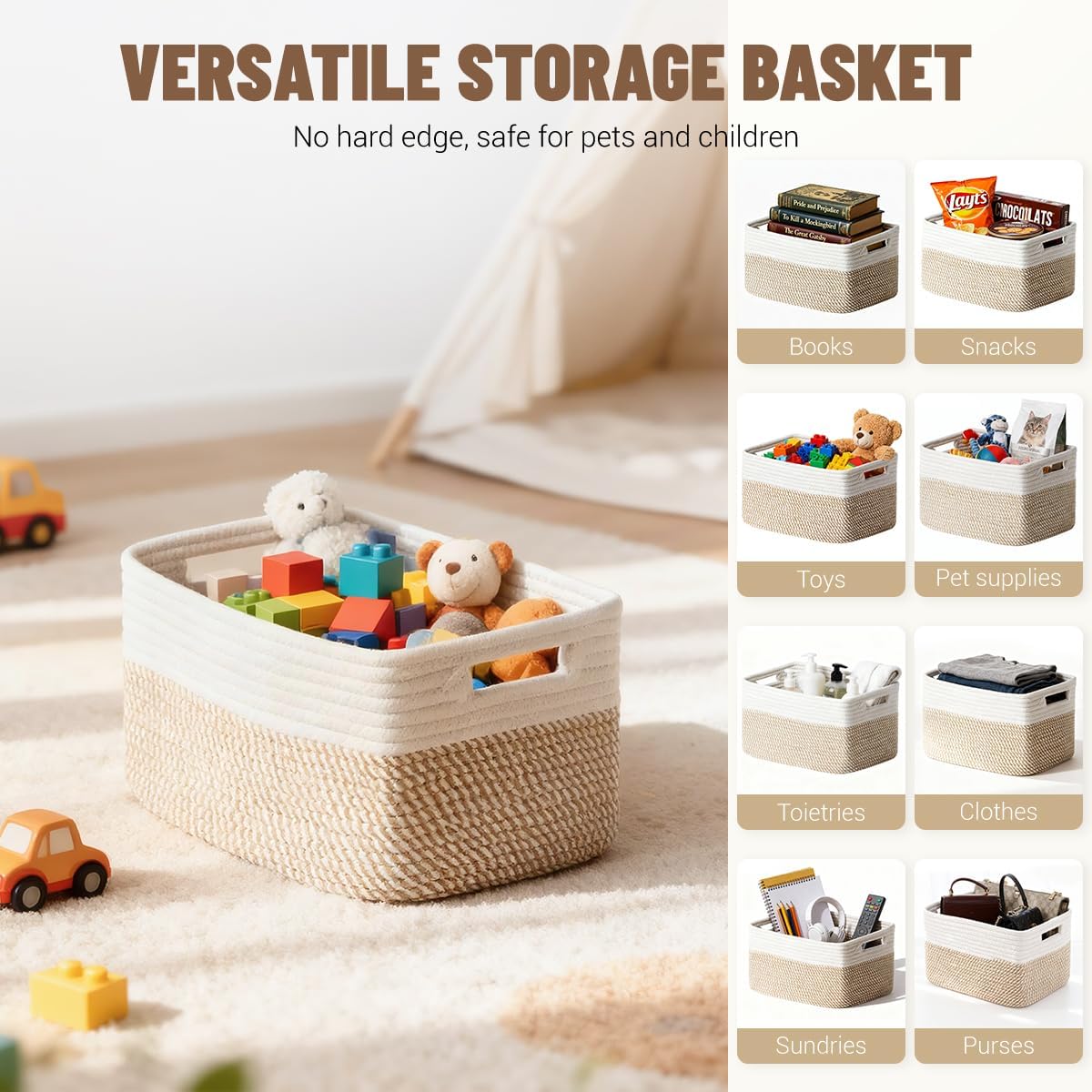 5 Pack Woven Storage Baskets for Shelves, Decorative Basket Organizer Storage Bins for Toys, Books, Clothes, Closet, Nursery, Bathroom – Cotton Rope Shelf Baskets for Organizing, Khaki & White