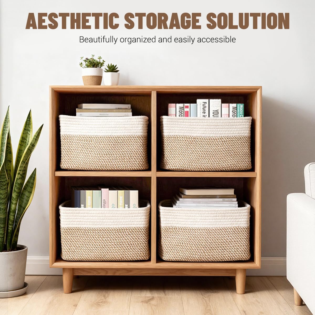 5 Pack Woven Storage Baskets for Shelves, Decorative Basket Organizer Storage Bins for Toys, Books, Clothes, Closet, Nursery, Bathroom – Cotton Rope Shelf Baskets for Organizing, Khaki & White