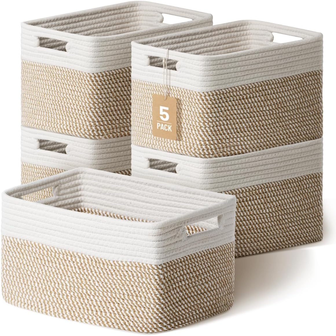 5 Pack Woven Storage Baskets for Shelves, Decorative Basket Organizer Storage Bins for Toys, Books, Clothes, Closet, Nursery, Bathroom – Cotton Rope Shelf Baskets for Organizing, Khaki & White