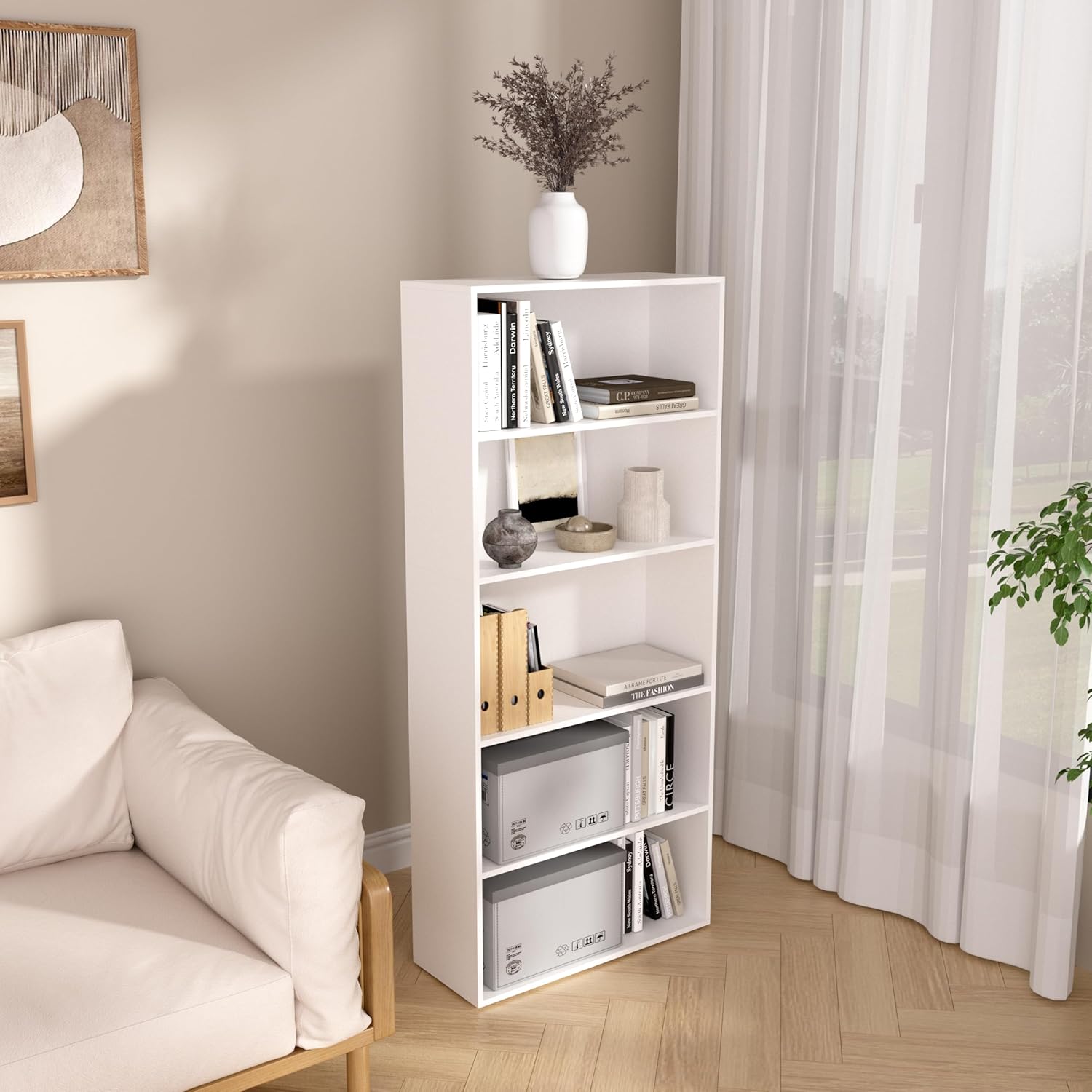 5 Tier Book Shelf,Wooden 5 Cube Storage Organizer, 54 Inch Versatile Cubes Shelf and Cubby Unit for Any Space (White, 5 Cube-W(23.6inch)